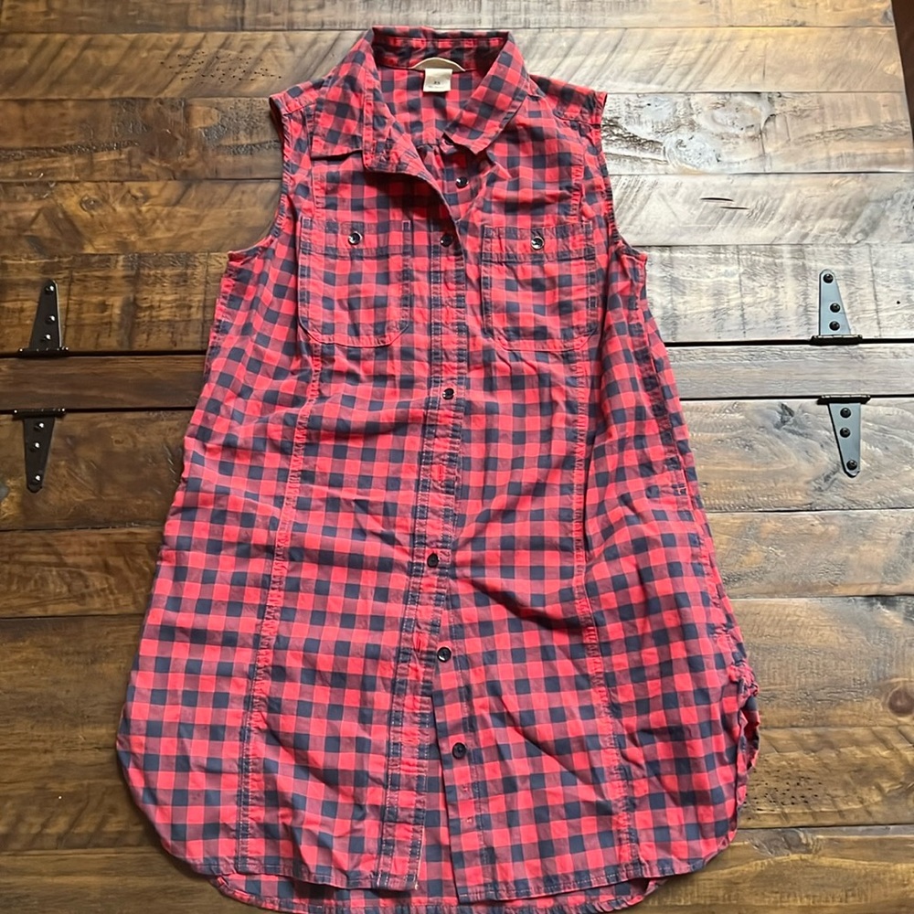 Duluth Trading Co Red Blue Long Tunic Button Up Top Organic Cotton Women…
